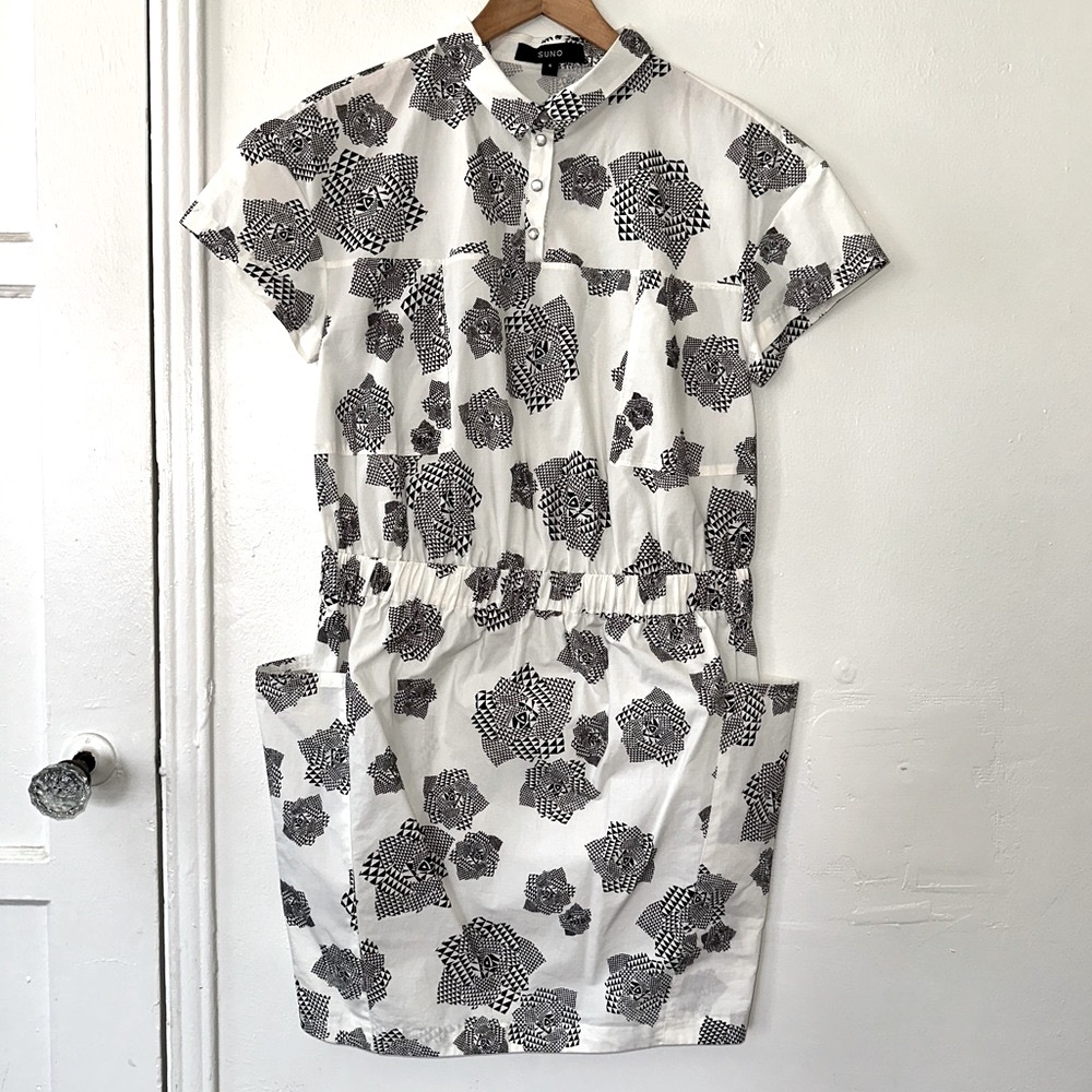 SUNO Mini Dress Geometric Print Black White Poplin Cotton Size 4
